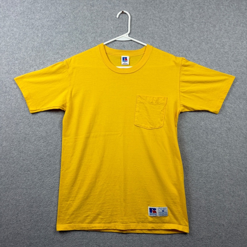 Vintage Russell Athletic T Shirt Mens Medium Yellow Single Stitch Pocket Tee USA